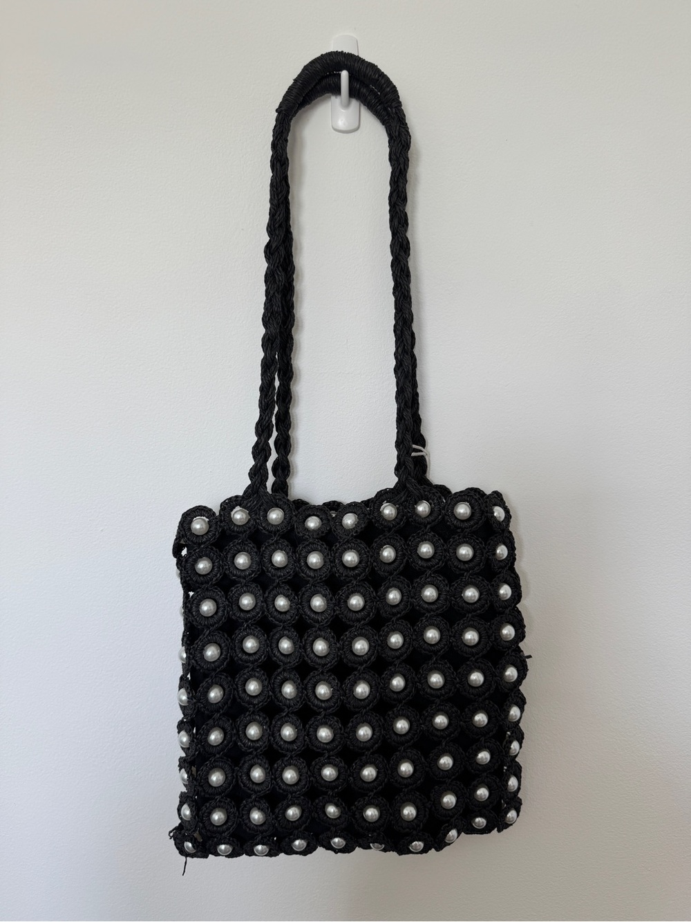 Haute Hippie Black Pearl-Studded Crochet Shoulder Bag